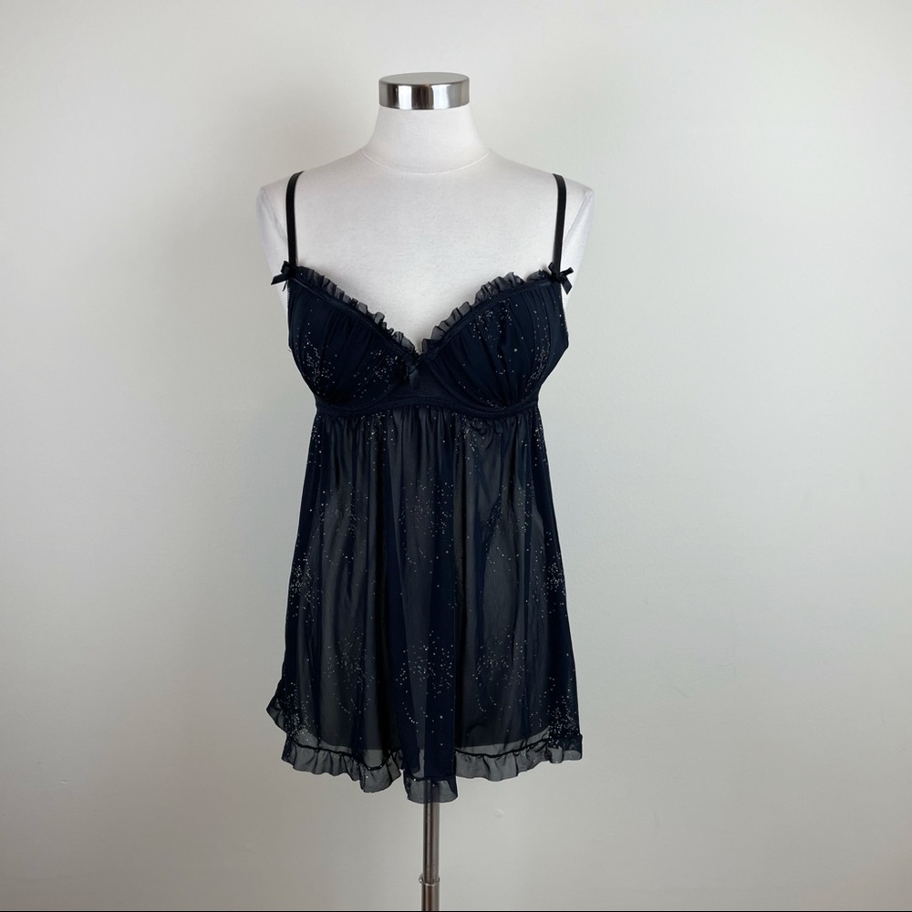 Black Fuchsia By Secret Lace Black Ruffle Sheer Mesh Lingerie Top Women Medium